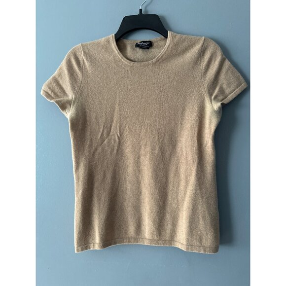 100% Cashmere Women’s Large Khaki Short Sleeve Soft Knit Sweater Luxury Classic - Picture 1 of 5